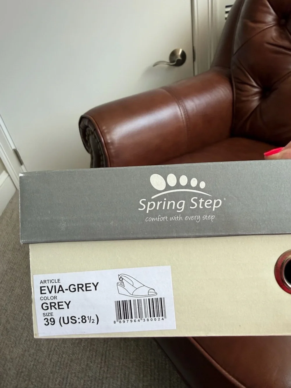 Spring Step Grey Textured Peep-Toe Slingback Wedges - Picture 3 of 3